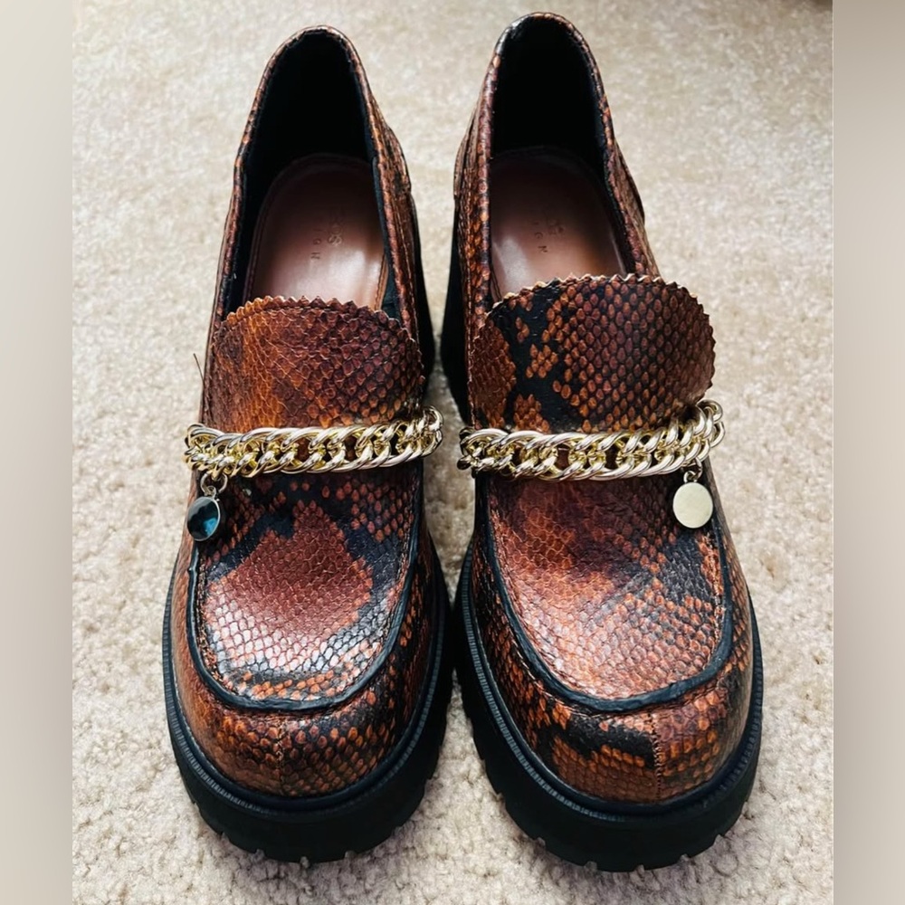 ASOS Brown Snake Print Loafers with Gold Chain